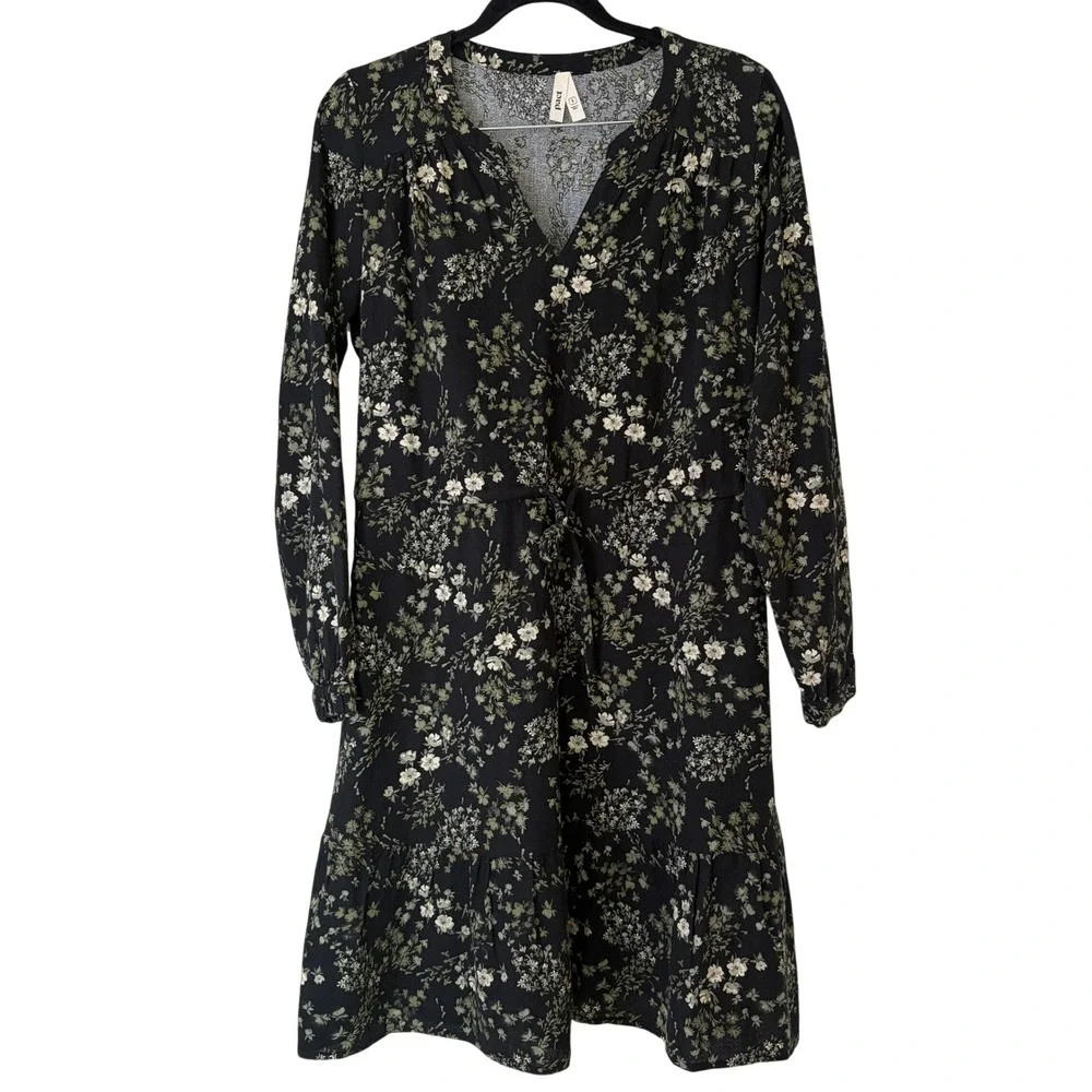 Pact Organic Cotton Floral Tiered Dress Black Green Long Sleeve Women's S